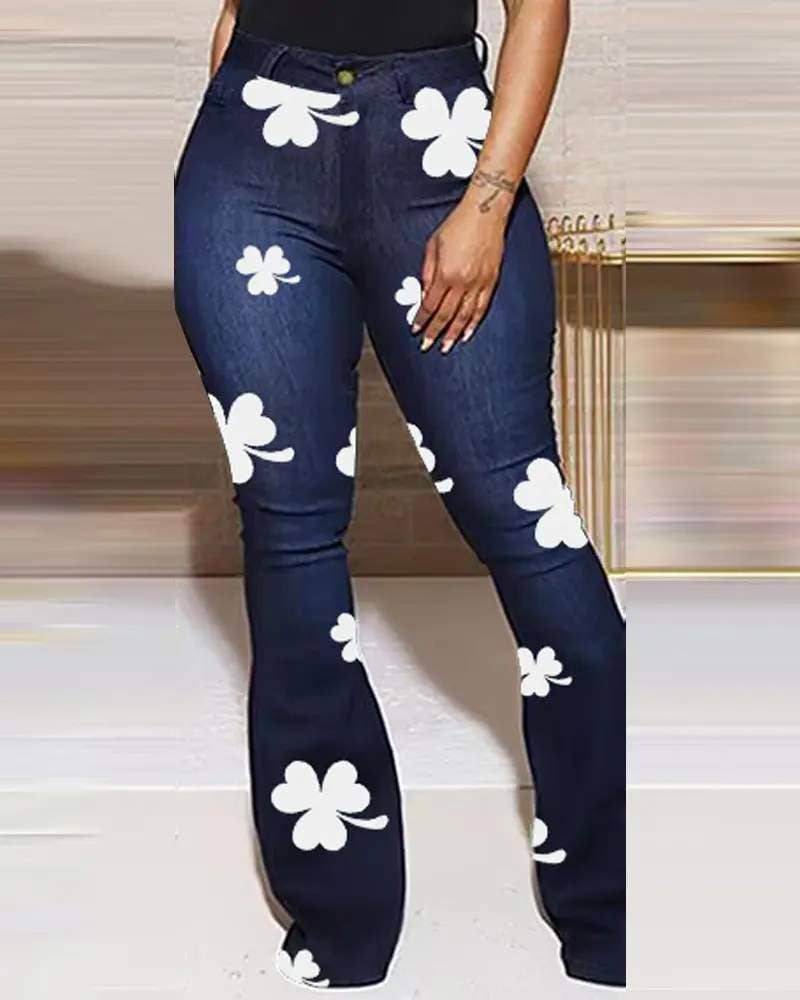 Lucky shamrock print high waist flared leg jeans