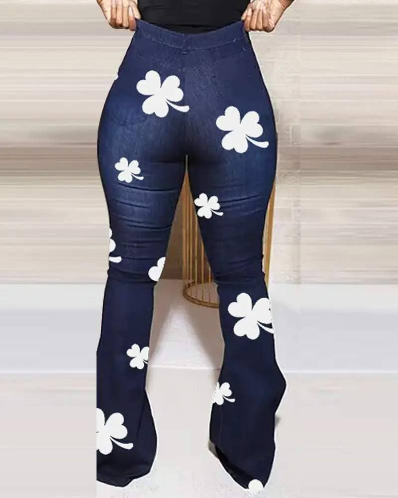 Lucky shamrock print high waist flared leg jeans