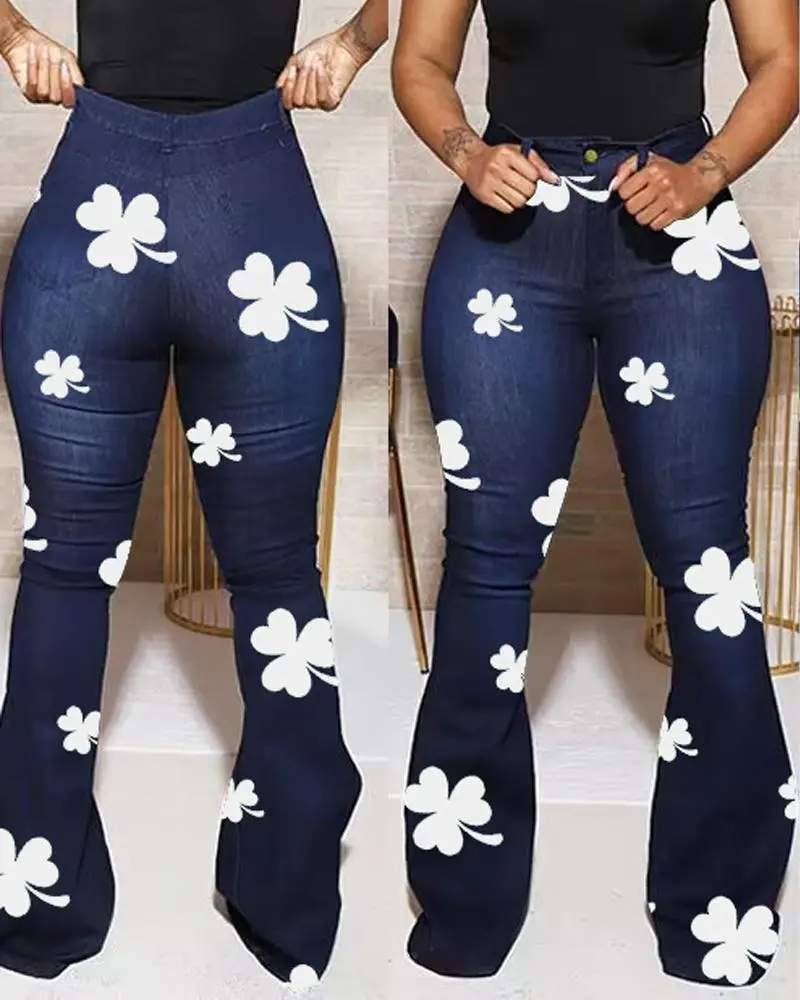 Lucky shamrock print high waist flared leg jeans