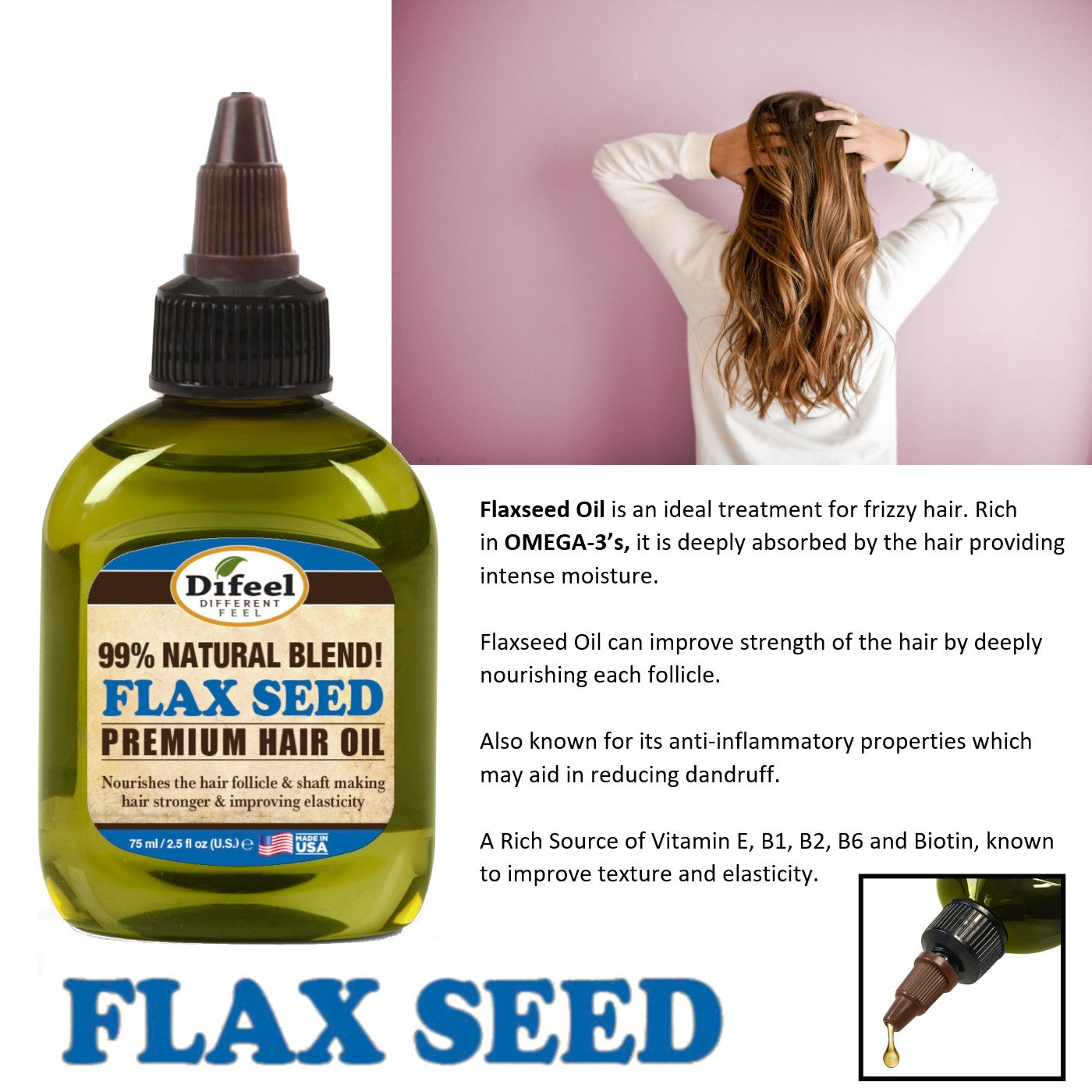 Difeel Premium Natural Flax Seed Hair Oil 2.5 oz